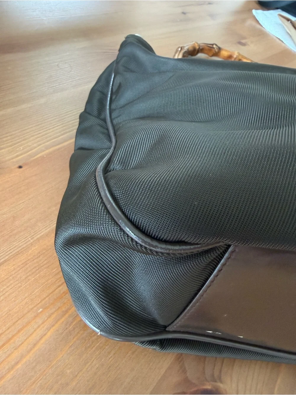 Vintage Gucci Dark Green Nylon Shoulder Bag with Bamboo Handle